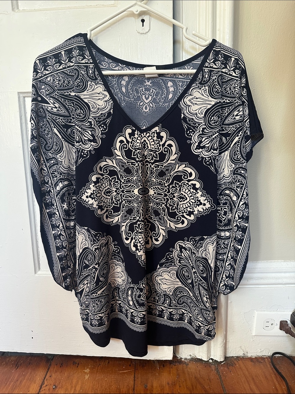 Agenda Navy and White Paisley-Print V-Neck bandana Tunic Top